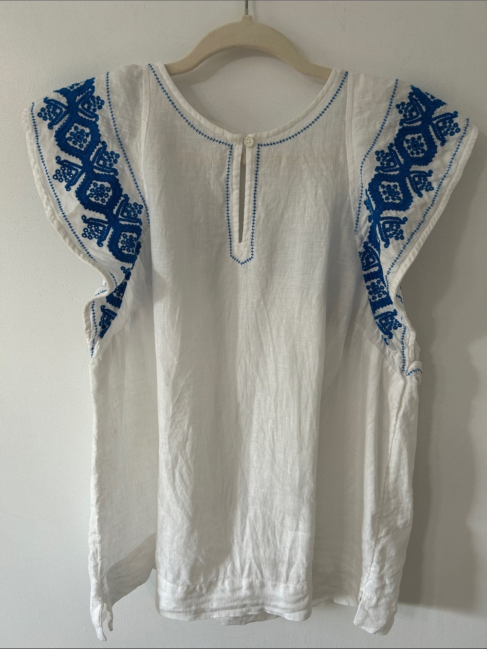 J. Crew Embroidered Linen Flutter Sleeve Top Medium Bohemian Coastal Romantic